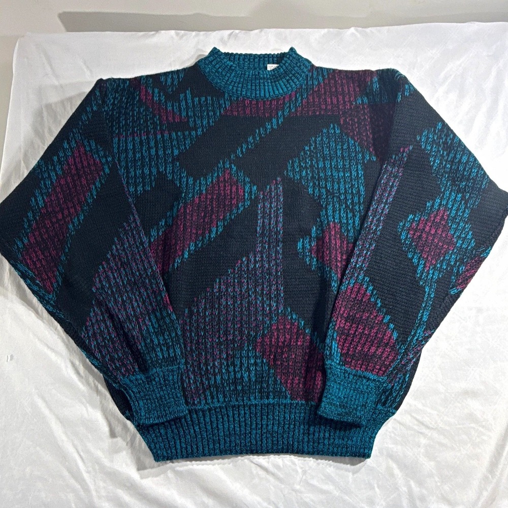 Permit Mens M Vintage Knit Crew Neck Pullover Sweater Teal Black Purple Retro